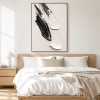 Grande peinture abstraite texturée à l'huile, nature morte noir et blanc, style impasto moderne minimaliste, art mural encadré, décoration contemporaine sur toile