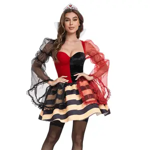 万圣节嘉年华Cosplay皇后服装女性设计红黑混搭粉扑袖短裙配头饰