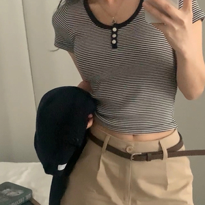 Vintage Stripe Print <b>Button</b> Embellished Women's U Neck Short Sleeve T-Shirt - Product Image 5