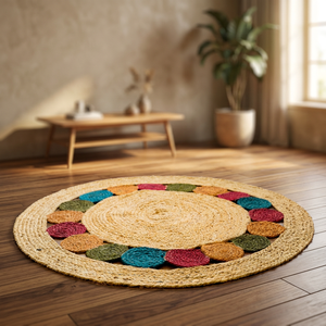 Alfombra Redonda de Yute Trenzado con Borde Bicolor Moderno, Color Personalizado, Hecha a Mano, para Comedor y Sala de Estar - Product Image 3