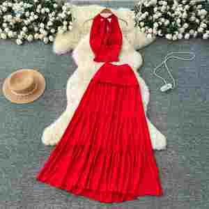 Conjunto de Verano para Mujer: Top Halter Tejido Sólido sin Espalda y Falda de Cintura Alta, Poliéster/Algodón Antiarrugas, Venta al por Mayor - Product Image 3