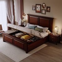 Ensembles de meubles de chambre à coucher modernes, cadre en bois massif avec placage en acajou, lit plateforme avec rangement, lit king size avec 2 tiroirs latéraux