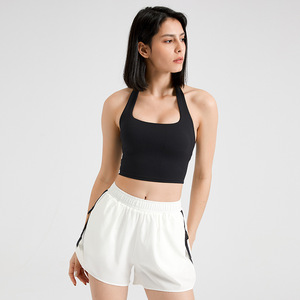 Wholesale Women Square Neck Halter Yoga Tank <b>Top</b> Ruched <b>Back</b> Quick Dry Stretch Removable Chest Pad Pilates Fitness Crop Vest - Product Image 2