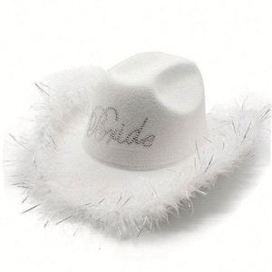 Wholesale in Stock Poly-Cotton Felt Cowboy Fedora <b>Hats</b> White <b>Wedding</b> Party Shiny Feather Edge Fishing Character Style - Product Image 2