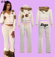 Nouveauté 2026 Ensemble 2 pièces pour femme en coton tricot gaufré : Veste courte et pantalon évasé, avec bordure en fourrure, style streetwear