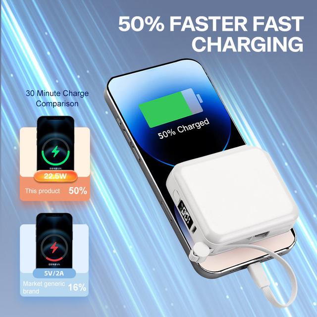 10000mAh Portable Charger Built in Cable 22.5W Fast Charging Power Bank LED Screen Mobile Battery Pack
