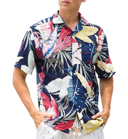 Kemeja Pria Trendi, Kemeja Tropis Hawai Pria dengan Kerah Turun Baju Liburan Pantai Motif Bunga Kasual Kancing Lengan Pendek