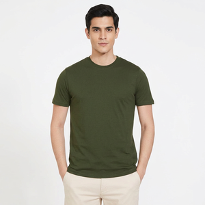T-shirt en coton à manches courtes pour homme, vert olive, col rond, coupe classique, couleur unie, jersey décontracté - Product Image 1
