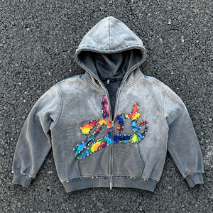 <span class=keywords><strong>Felpa</strong></span> con Cappuccio Oversize Personalizzata con Effetto Sfumato e Pietre Lavate, Zip Frontale, Stile Streetwear con Strass e Stampa DTG - Product Image 1
