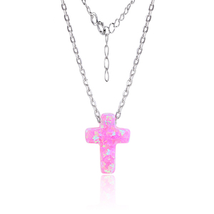 Chữ thập tổng hợp Opal Vòng cổ cho phụ nữ, xác thực 925 Sterling bạc, màu hồng đá Gril hẹn hò - Product Image 1