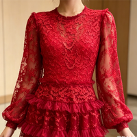 Robe longue trapèze rouge unie en dentelle pour femme, col rond, manches longues, taille haute, jupe à volants superposés en tulle fluide, pour soirée d'automne ou mariage