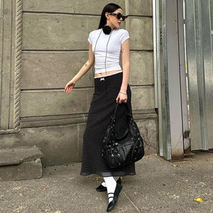 Falda Larga de Mujer con Encaje Vintage Francés, Estampado de Puntos, Lazo y Malla, Estilo Preppy Elegante - Product Image 1