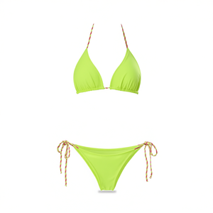 Costume da bagno bikini HDJ verde neon con laccetti laterali e allacciatura al collo, elasticizzato, tinta unita, taglie 40 42 44 46 - Product Image 1