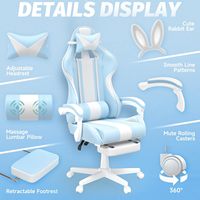Chaise de bureau gamer en cuir PU, pliable, pivotante, convertible, avec massage, oreilles de lapin bleues, base en nylon blanc, rafraîchissante