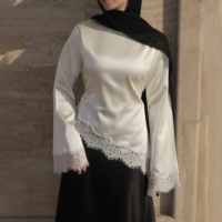 Gaun Muslim Wanita Premium Sharut Dubai Baru, Atasan Berenda Lengan Panjang, Blus Muslim Kasual Bahan Satin, Kemeja Muslimah Sopan dengan Renda