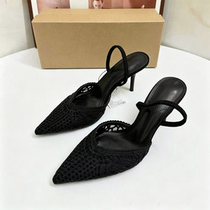 Mules à talons vintage en crochet pour femme, bout pointu, ajourées, chaussures de plage respirantes, à lanières tressées, escarpins de soirée - Product Image 3