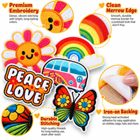 Patch brodé rétro en gros, motif Hippie Paix Amour Fleur Arc-en-ciel Groovy, thermocollant ou à coudre