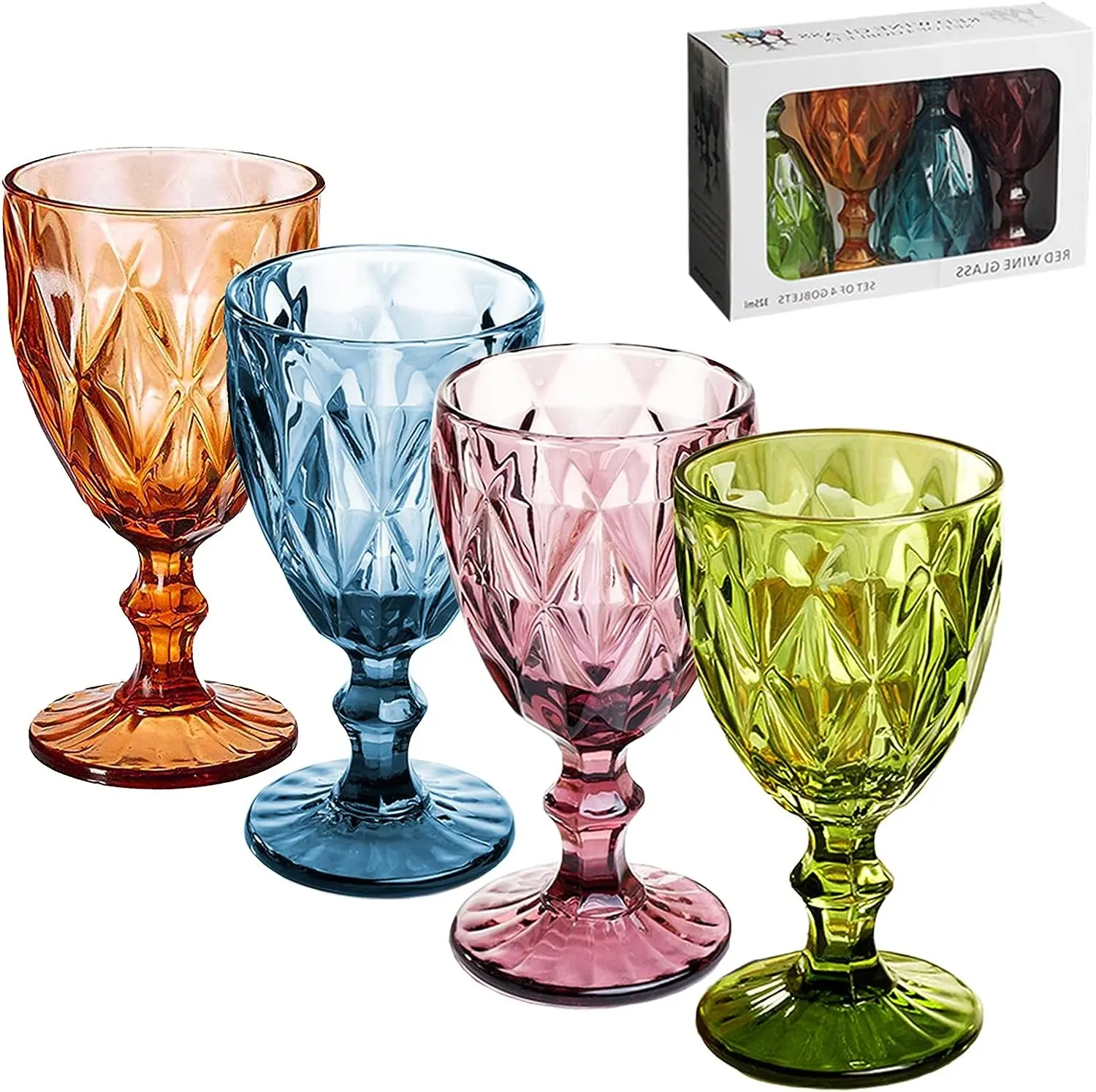 Verres à vin vintage lot de 6 330ml 12 onces de couleur gobelets à eau motif en relief unique incassable tige verrerie haute Cl