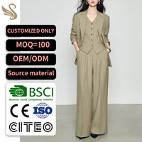 Costume trois pièces kaki sur mesure pour femme, veste, blazer, pantalon large, ensemble décontracté pour le bureau, OEM ODM