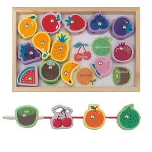 Vorschule Holz Threading Cartoon Obst Gemüse Form Blöcke Spielzeug 3 In 1 Magnetic Fishing Game