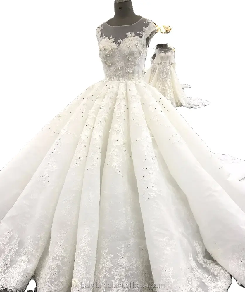 Eco-Friendly Europe champagne classic floral appliques capsleeves custom make big ball gown wedding dresses bridal gowns