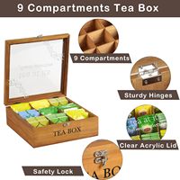Organisateur de sachets de thé à 9 compartiments boîte à thé en bambou avec couvercle en acrylique transparent