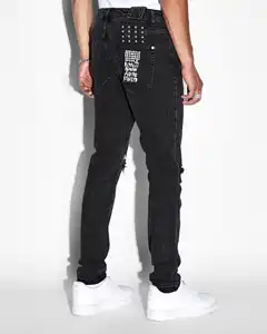 Black Casual Regular Fit Stretch Skinny Blue Printing Denim Streetwear Pants Plus Size Washed Custom Embroidery Men Denim J