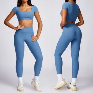 Conjunto de 2 peças com logotipo personalizado, calças esportivas sexy de cor sólida, roupa fitness para corrida e ioga, novidade em cores