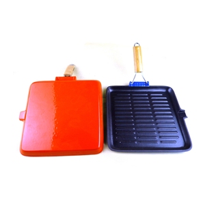 Sartén de hierro fundido cuadrada portátil para camping, compatible con cocinas de inducción, precurada, con ranuras, para asar, con base de madera extraíble - Product Image 5