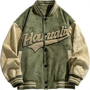 Custom LOGO Print Wholesale Men's Green <b>Suede</b> Varsity <b>Jacket</b> Embroidered Letter Front Stand Collar Casual Autumn Regular Fit - Product Image 4