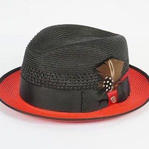 Chapeaux Fedora en paille de papier bicolores noir et rouge avec plume, collection été 2025 - Product Image 1