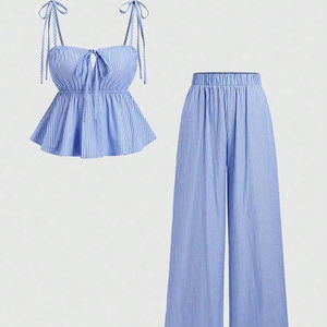 Mavi dikey şerit yaz ince yüksek bel gevşek dikey şerit rahat geniş bacak pantolon kadınlar için <span class=keywords><strong>Suit</strong></span> - Product Image 1