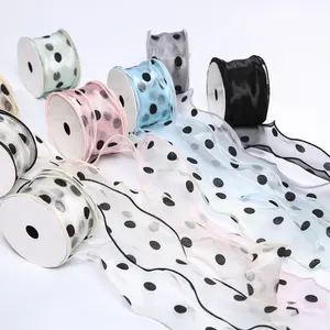 Wholesale Custom Fashion Polka Dot Stitching Edge Fishtail Ribbon Roll Glossy Shiny Organza Ribbon Flower Packing Wedding Deco