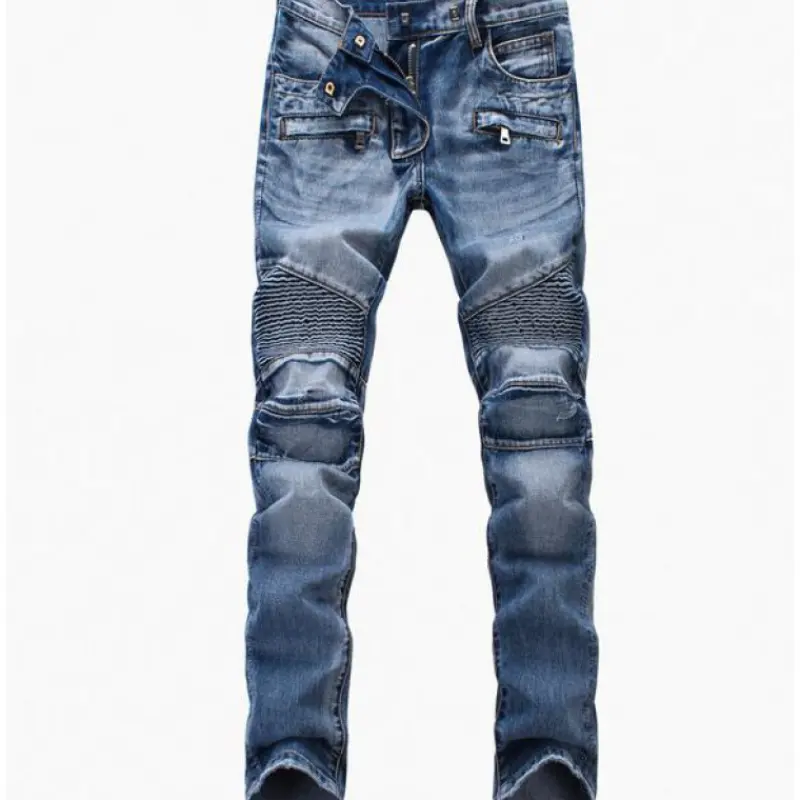 Fashion Jeans High-grade Denim Wrinkled Men Biker Skinny Trousers Patchwork Leather Slim Fit Men Jeans