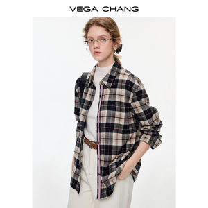 Camisa a Cuadros Rosa y Negra VEGA CHANG para Mujer, Cierre de Botón de Una Sola Hilera, Combinación de Colores a Cuadros Versátil, Camisa Holgada en Capas - Product Image 2