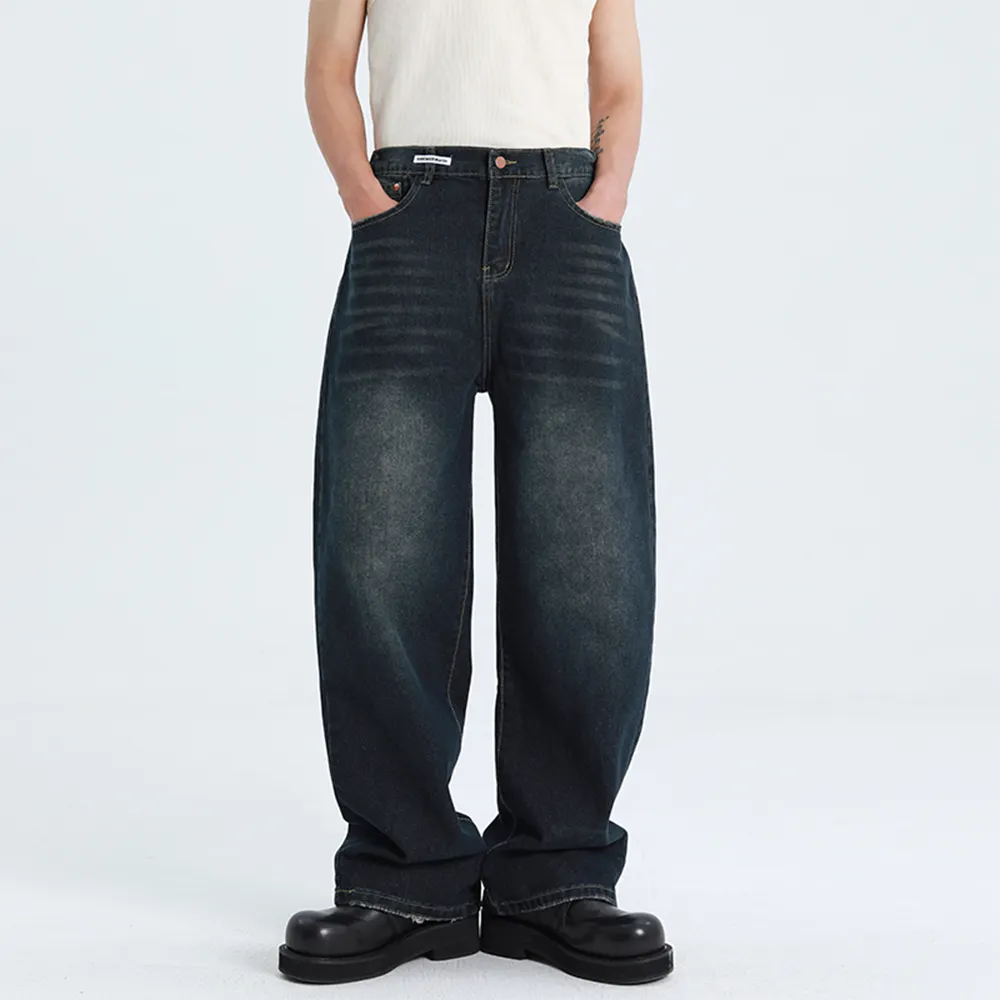 Calça jeans larga para homens, calça jeans retrô lavada com spandex azul, jeans folgada e reta, calça jeans larga para homens