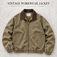 Blousons Bomber Vintage OEM pour Hommes en Coton Lavé avec Col Contrastant en Velours Côtelé, Ourlet et Poignets Élastiques, Fermeture Éclair, Manteau Décontracté Personnalisé