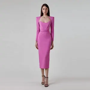 Vestido de festa de formatura elegante de manga longa Bodycon para celebridades, vestido preto, rosa e vermelho, moda feminina de coquetel para festas de noite, de alta qualidade