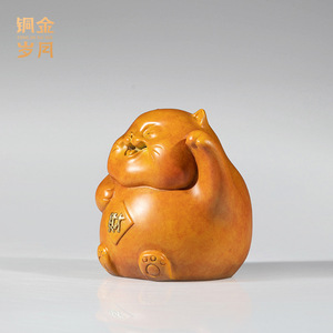 Ornement en laiton chat porte-bonheur marron compact, décoration de bureau Feng Shui pour réception de bureau et comptoir de magasin, cadeau du Nouvel An chinois - Product Image 5
