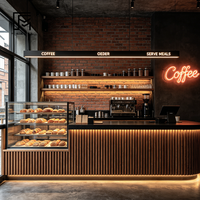 Table de bar incurvée sur mesure en bois massif avec éclairage d'ambiance LED et vitrine à pain en verre pour boulangerie-café