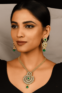 Ensemble collier et boucles d'oreilles en laiton plaqué or avec zircon et pierres vertes, motif floral, bijoux de mariage vintage pour femmes - Product Image 2