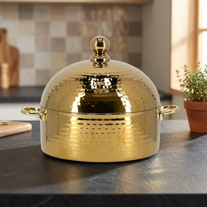 Cacerola Redonda Dorada con Efecto Martillado, con Tapa y Asas de Aleación de Zinc, Utensilios de Cocina Metálicos Duraderos para Estufas de Gas e Inducción - Product Image 3