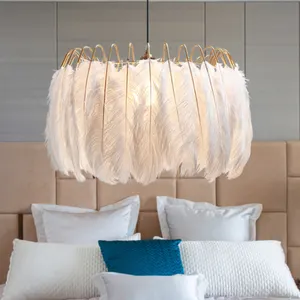 Beyaz devekuşu tüyü tavan işık fener gölge yatak odası LED kolye lamba dekorasyon ev oturma avize