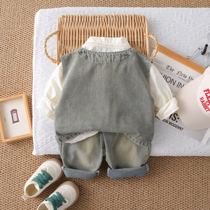 Nouvel Ensemble d'Été Trois Pièces en Jean pour Enfants, Garçons et Filles, Style Formel avec Motif 3D, Gilet en Coton et Chemise à Manches Longues à l'Étrangère - Product Image 4