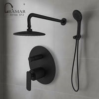 Ensemble de douche mural encastré en laiton chromé noir, mitigeur à poignée unique, douchette à effet pluie et douchette à main, avec cartouche céramique, pour usage hôtelier