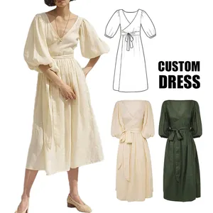 Verified clothing manufacturer Custom OEM Women high-end Casual Elegant Puff Sleeve A-Line natural 100% linen dress for ladies