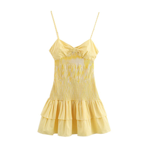 Vestido Mini a Cuadros con Tirantes Finos <span class=keywords><strong>y</strong></span> Espalda Descubierta para Mujer, con Lazo <span class=keywords><strong>y</strong></span> Cintura Elástica, OEM de Fábrica de Ropa China - Product Image 2