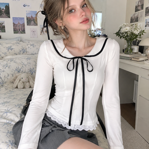 Chemisier à col babydoll avec nœud colorblock, boutons sur le devant, style preppy, jeune et polyvalent, effet rajeunissant, avec bordure en dentelle - Product Image 2