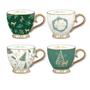 new arrivals of Christmas mugs ceramic coffee cup with gold rim and handle gift mugs christmas tree mugs