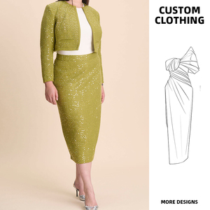 Ensemble deux pièces personnalisé pour femmes grandes tailles, veste courte élégante en sequins décontractée d'hiver de haute qualité et jupe mi-longue - Product Image 2